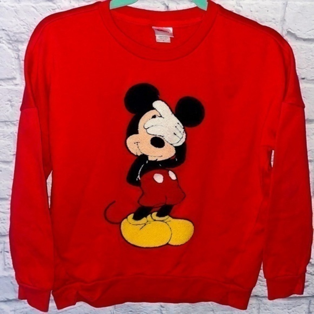 Disney Mickey Mouse Puffy Tufted Fitted Crew Neck Pullover Character Sweatshirt